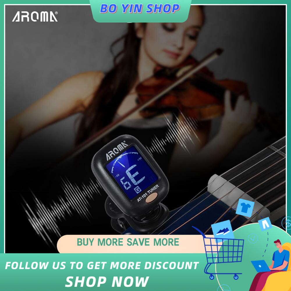 AROMA AT-101 Portable Mini Clip-on Digital Tuner with Foldable Rotating Clip High Sensitivity for Chromatic Guitar Bass Violin Ukulele