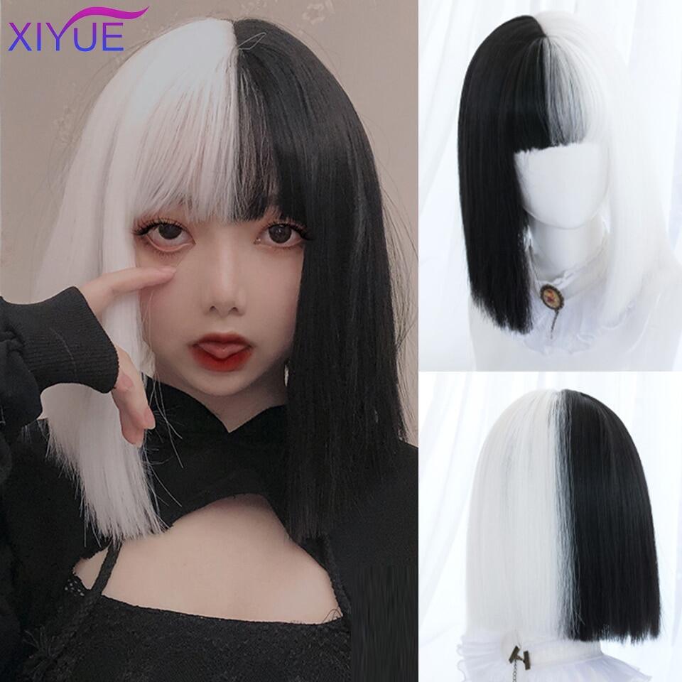 XIYUE Female Short Straight Hair Lolita White And Purple Synthetic Wig Harajuku Wig Cosplay Wig Halloween Party Wigs