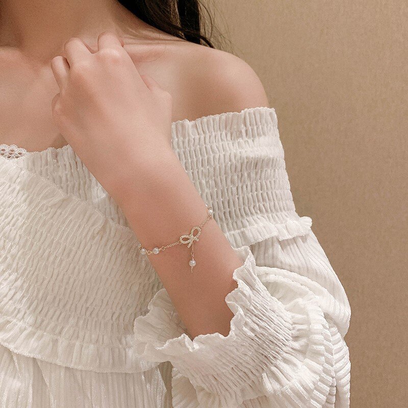 Vòng Tay Mặt Ngọc Trai Thắt Nơ Phong Cách Instagram Hàn Quốc Vòng Tay Kim Cương Giả Lấp Lánh Thanh Lịch Cho Phụ Nữ Quà Tặng Phụ Kiện Trang Sức