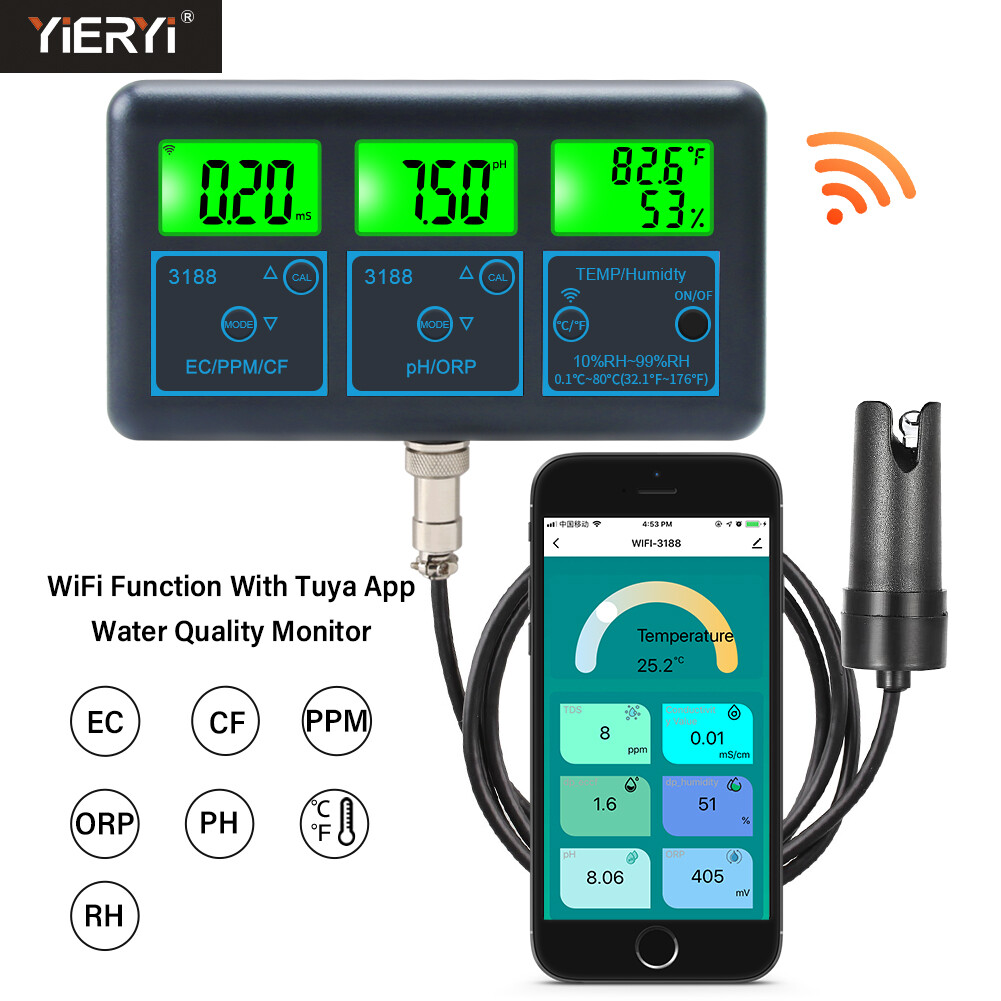 Yieryi WiFi PH meter 7 in 1 Smart Water Quality tester PH/EC/ORP/TDS/CF/RH/temperature tester Tuya app control,aquarium monitoring tester for hydroponics