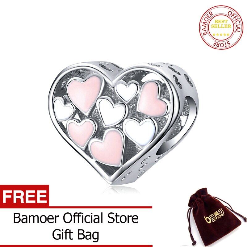 BAMOER 925 Sterling Silver Openwork Enamel Heart Pendant Charm for Women Original Charm Bracelet Jewelry Making SCC1423