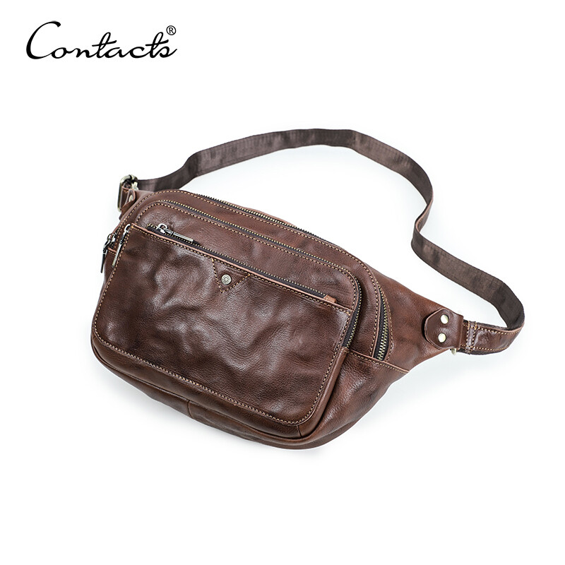 CONTACT'S Genuine Leather Men Waist Bags High Quality Waist Packs Phone Pocket Male Chest Shoulder Bags Men Travel Bags