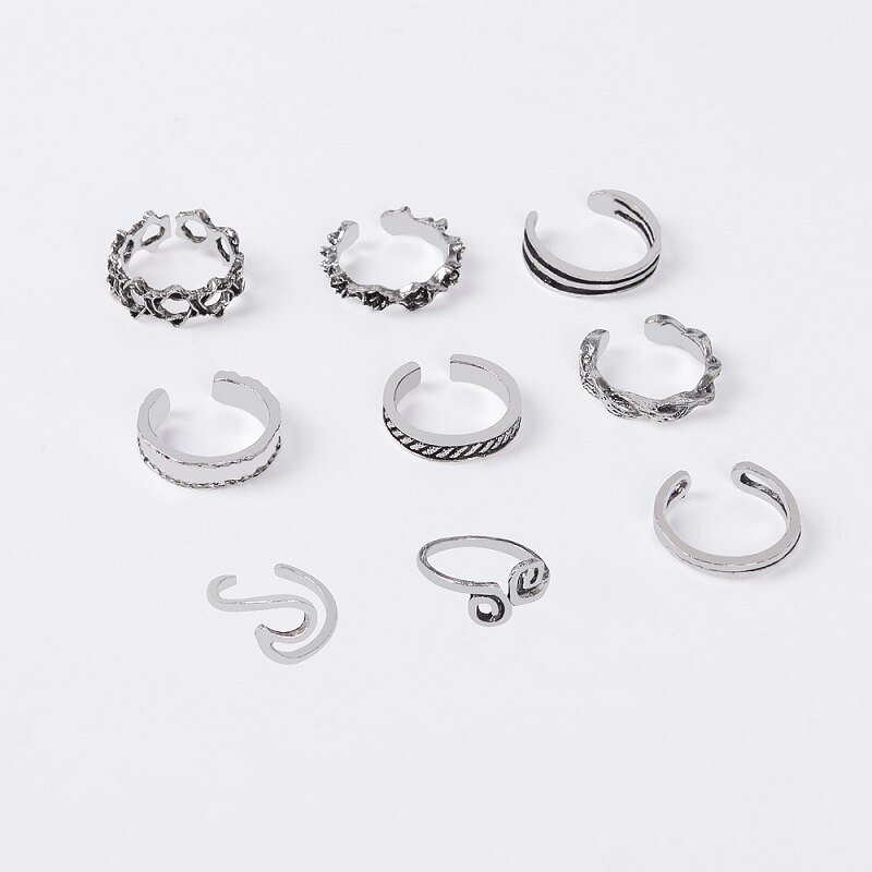 9PCS/Set Ring Women High Quality Unique Adjustable Opening Finger Ring Retro Carved Toe Ring Foot Beach Foot Jewelry