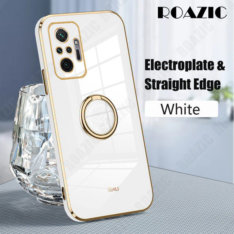 ROAZIC For Xiaomi Redmi Note 10 5G Note 10 4G Note 10S Note 10 Pro Note 10 Pro Max Phone Case [Free Ring Holder] Straight Electroplate Edge Glossy Casing Soft TPU Anti-fall Back Cover