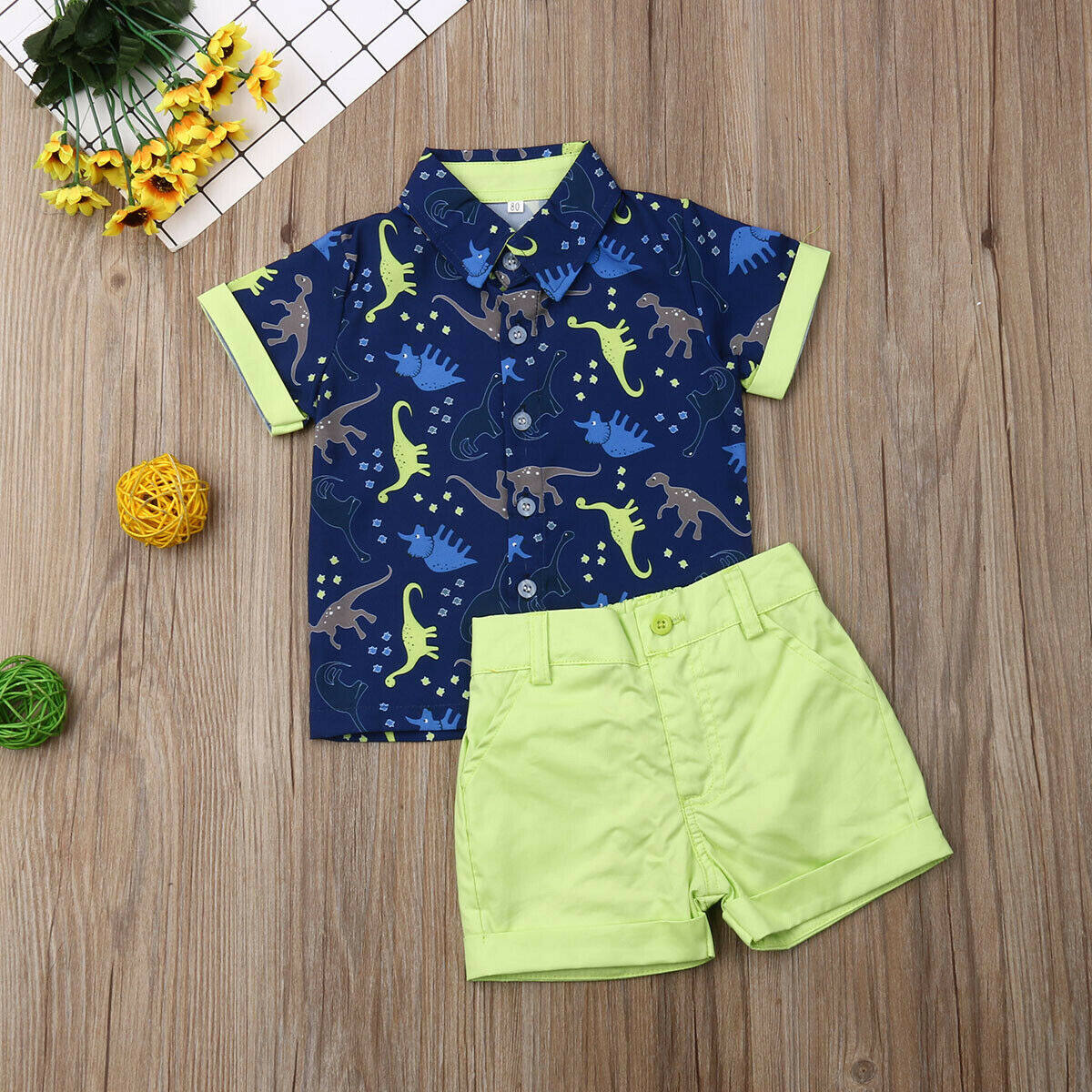 2PCS Toddler Kids Baby Boy Outfits Clothes Dinosaur Print T-shirt+Shorts Pants