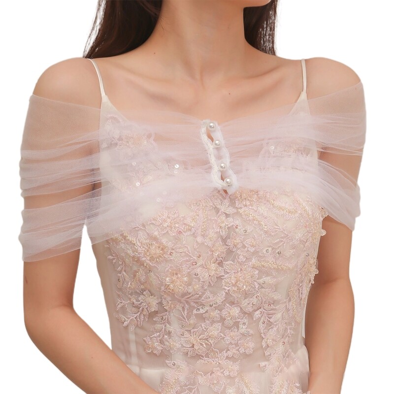 Bridal One-word Shawl White Color Sheer Wrap Wedding Shawl Shrug Wrap Faux Pearl Button off Shoulder Prom Capelet