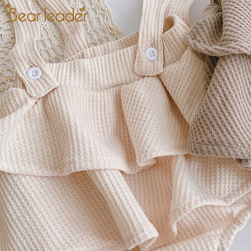 Bear Leader Baby Girls Romper Autumn Baby Dress Kids Japan Foreign Style Strap Beige Lotus Leaf Sling Climbing Suit 0-2 Year Old