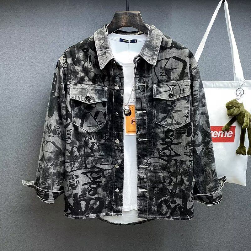 Camouflage Cargo Denim Jacket Men Graffitied Contrast Printed Grey