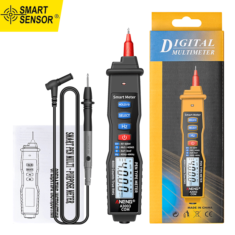 Smart Sensor Digital Pen Multimeter NCV AC/DC Voltmeter Ohmmeter Resistance Capacitance Frequanecy Live Line Test Handheld 4000 Counts LCD Backlight Tester with Data Hold and Flashlight