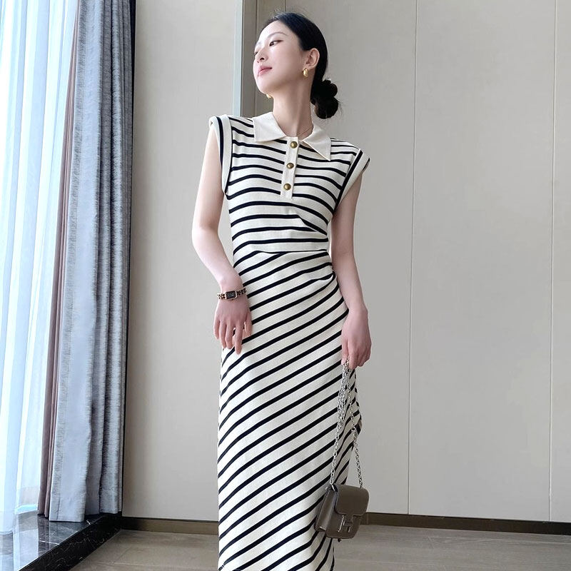 CHICCHIC slimed eo Đầm thời trang cổ áo Polo Sọc Đầm midi