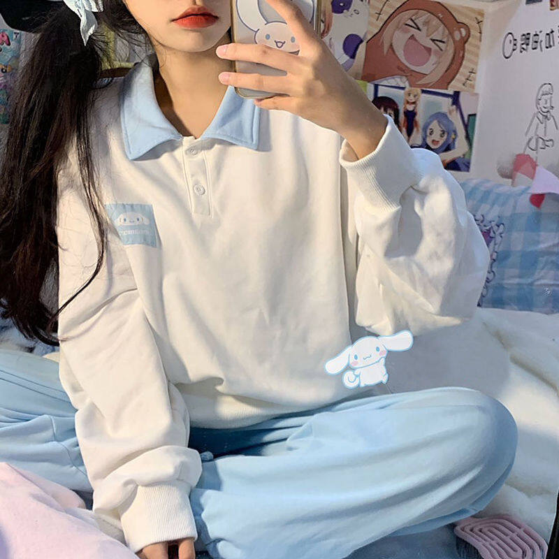Polo shirt for girls women korea style cute oversized loose long sleeve hoodie