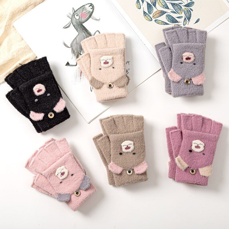5-12 Years Boys Gloves Children Girl Winter Half Finger Cute Animal Warm Knitted Gloves