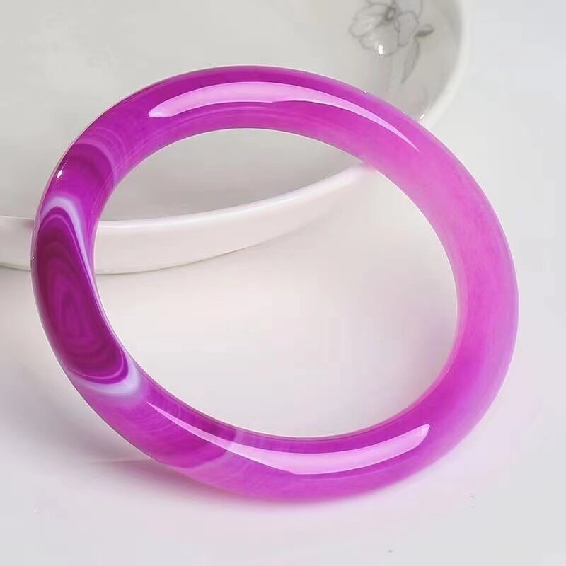 Natural Chalcedony Agate Bracelet Round Bangle Rose Purple Agate Bracelet Pink Purple Striped Chalcedony Bracelet