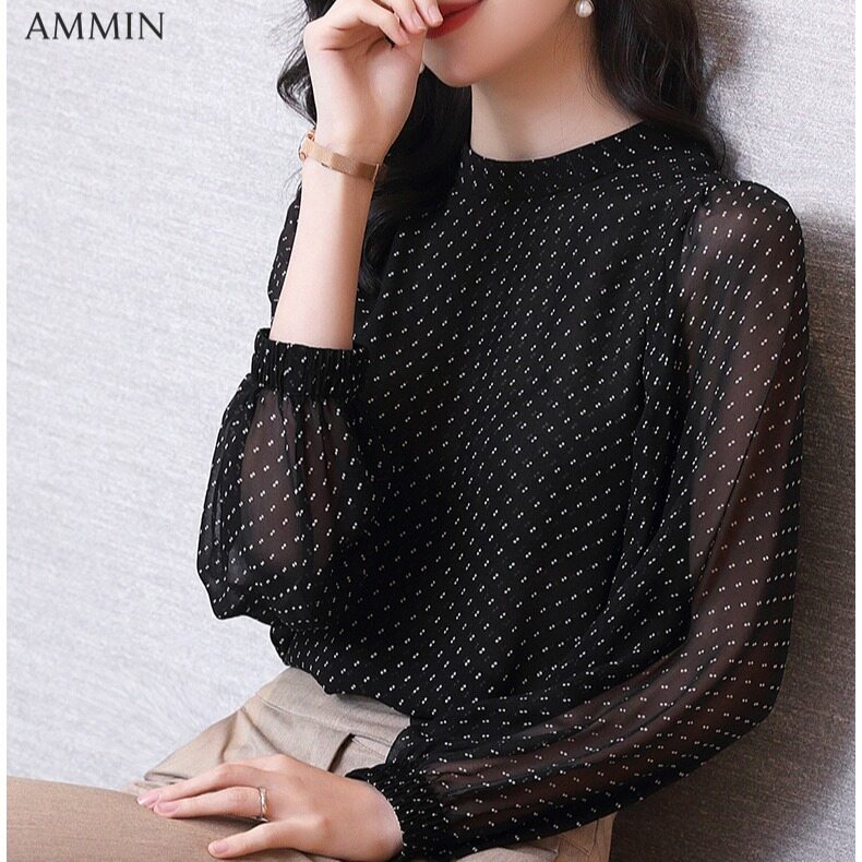 AMMIN Long Sleeve Silk Shirt For Women Spring New Style Black Temperament Polka Dot Thin Lantern Mulberry Silk Top Lady Casual Blouse