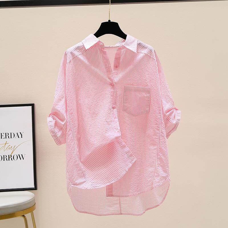 100% cotton women's pink stripe shirt 2023 summer new art little fresh bat sleeve single pocket top