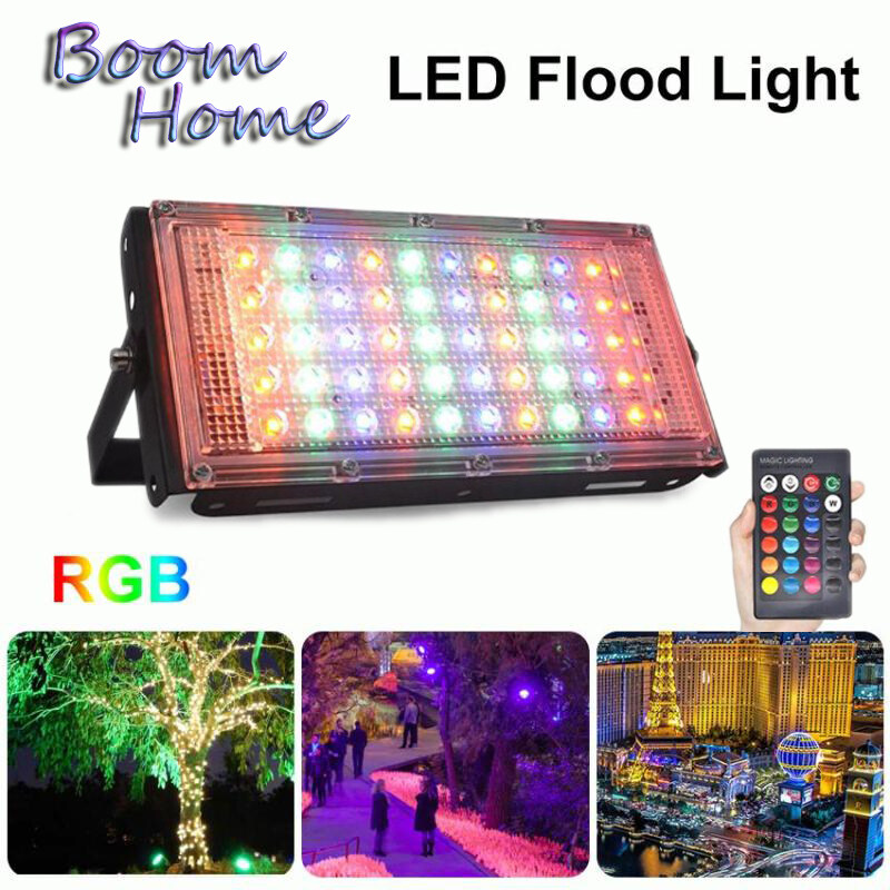 Đèn pha LED AC220V Đèn Pha RGB 16 màu thay đổi ngoài trời không thấm nước 50W Công suất hoàn hảo điều khiển từ xa Đèn pha LED nhiều màu