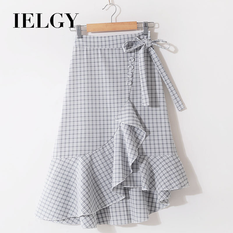 IELGY Korean lace-up lattice high waist was thin ruffled irregular mid-length skirt women