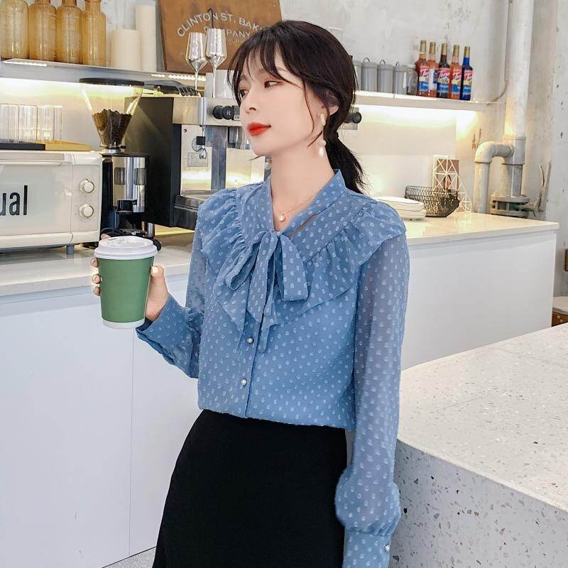 REHIN Women long sleeve shirt Korean version Ruffle splice Wave point chiffon blouse