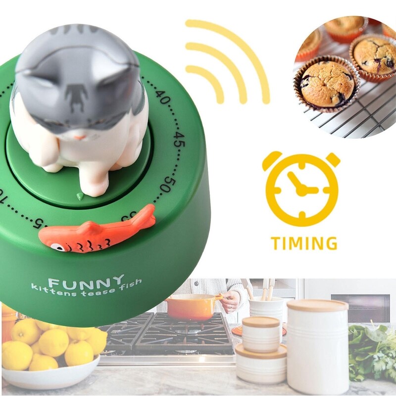 Mechanical for Cat Kitchen Timers 60-Minute Wind Up Dial Rotating Countdown Egg Timer Loud Ring Cute Cooking for Time Ma