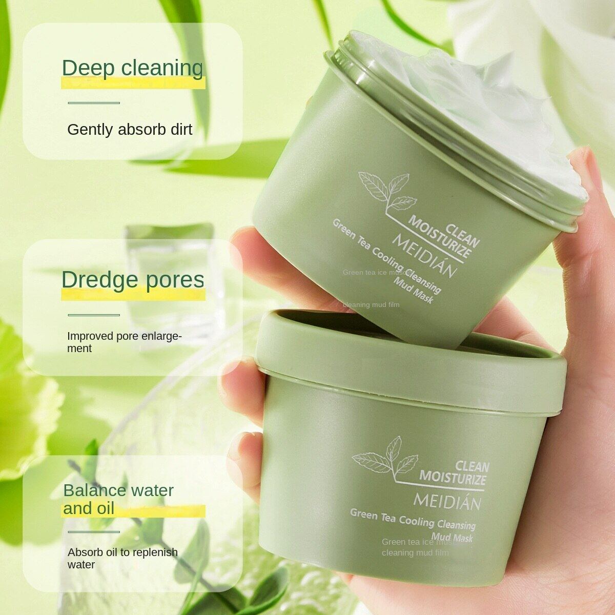 Trà xanh Làm sạch da mặt nạ đất sét trắng mặt nạ trà xanh loại bỏ mụn đầu đen thu nhỏ lỗ chân lông làm sạch mặt nạ đất sét màu xanh lá cây kiểm soát dầu loại bỏ mụn đầu đen