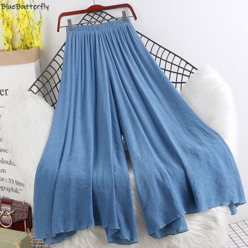 Quần Vải Lanh Và Cotton Mỏng Eo Co Giãn Phong Cách Retro Mùa Xuân Và Mùa Hè Mới Quần Váy Vải Lanh Xòe Lớn Dễ Phối Màu Thuần Khiết Cho Nữ