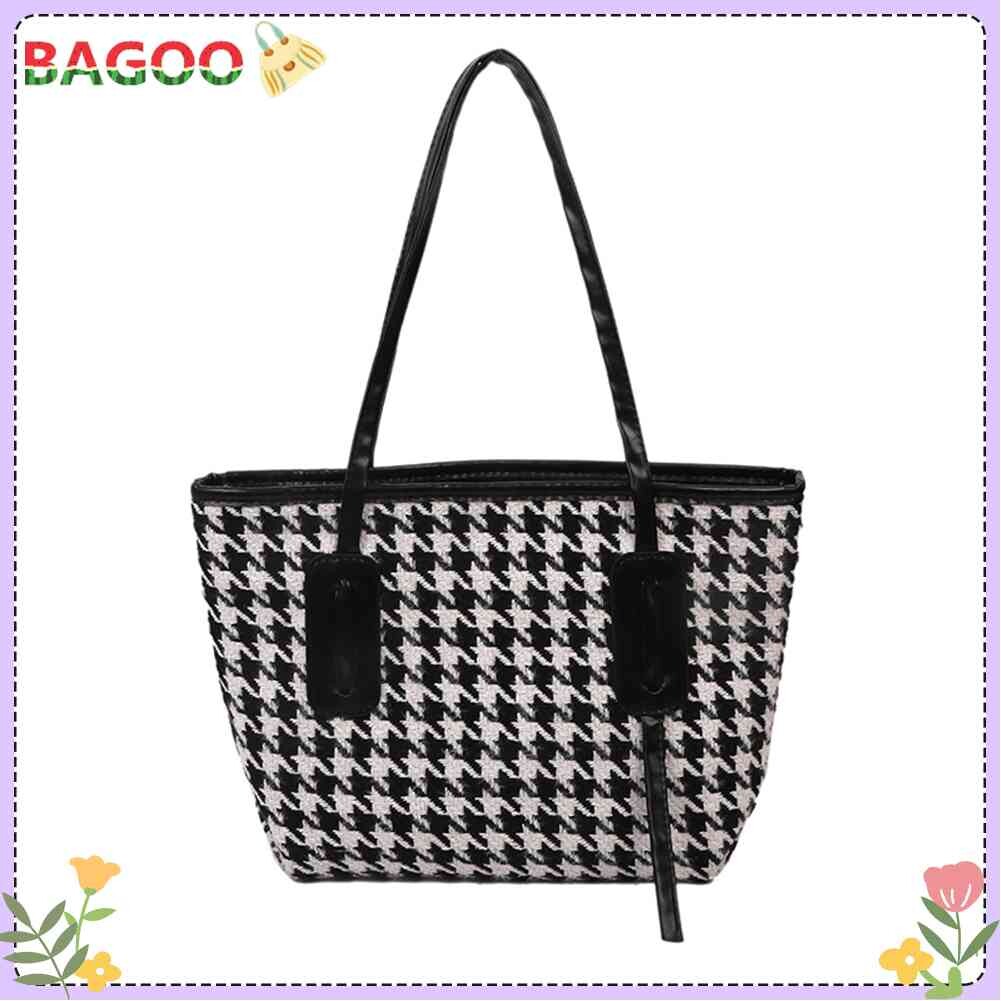Vintage Houndstooth Print Shoulder Bag Women Large Shopping Bags Leather Handbag