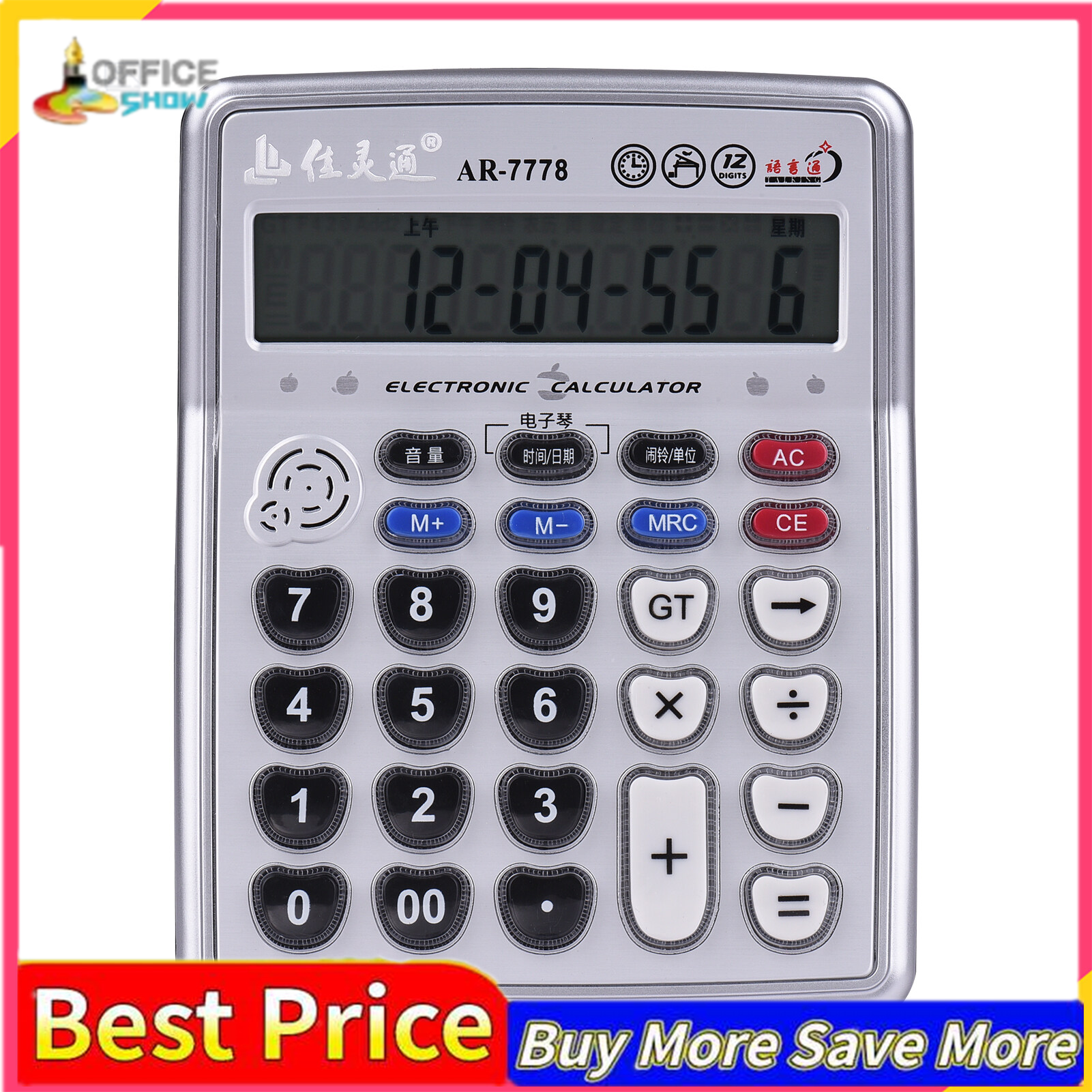 Musical Desktop Calculator 12-Digits LCD Display Electronic Calculator Counter Big Buttons with Music Piano Play Time Date Show Alarm Clock Function for Office Business Classroom Home Supplies