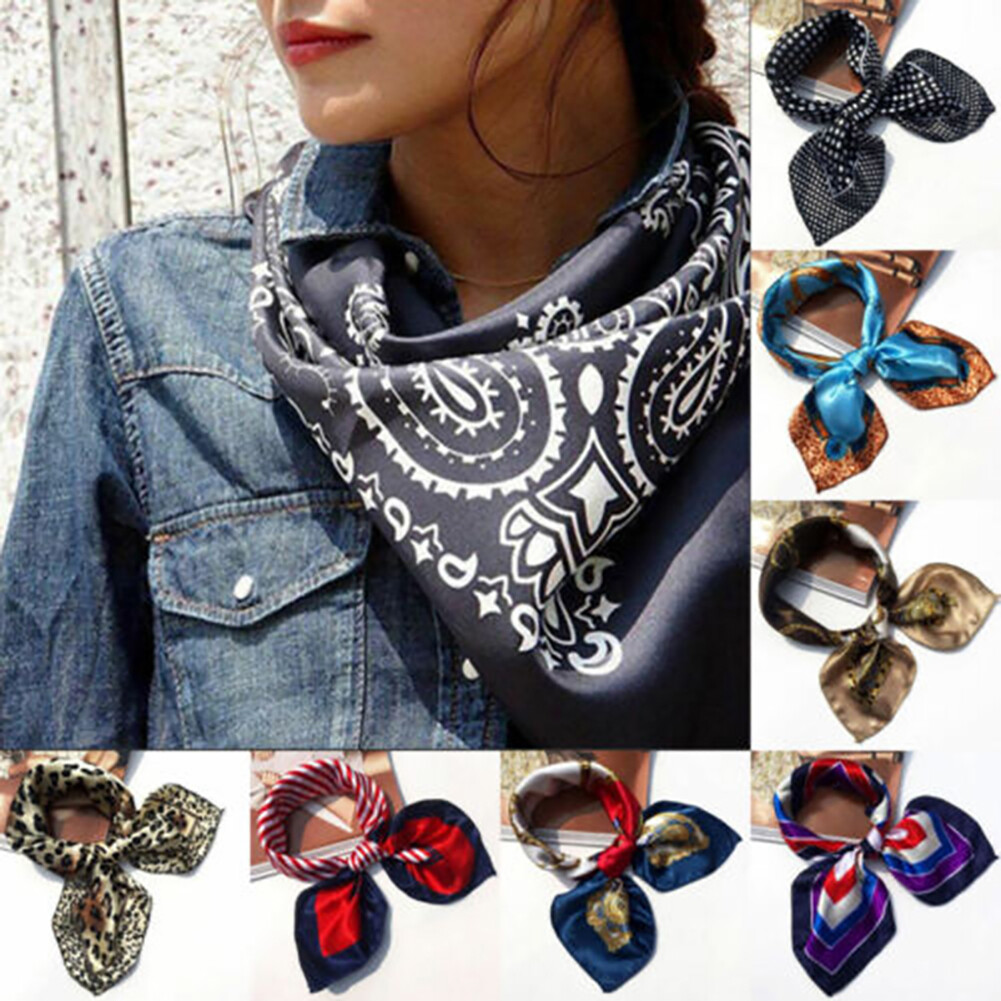 Women Elegant Square Silk Feel Satin Scarf Small Vintage Head Neck Hair Tie Band