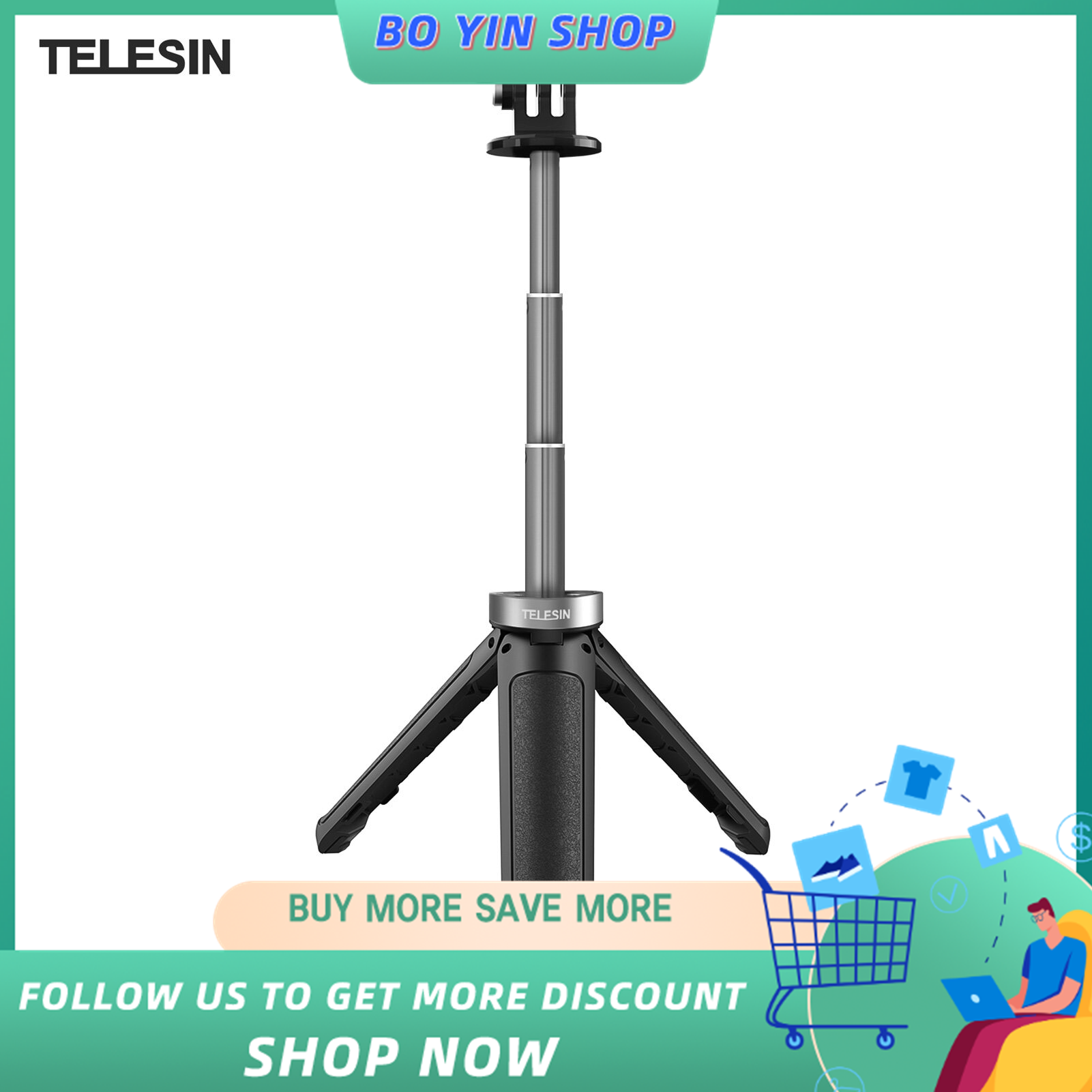 Bo yin telesin gp-mnp-092-x mini action camera extendable selfie stick tripod handheld photography bracket desktop stand replacement for gopro 10/9 / insta360 one r/ osmo action series camera vlog selfie