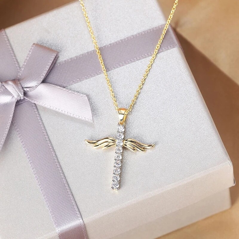 Yuki's Hot Sale Angle Wing Cross Christian Prayer Necklace for Unisex Copper Plated Gold Zircon Collares Choker Accessories