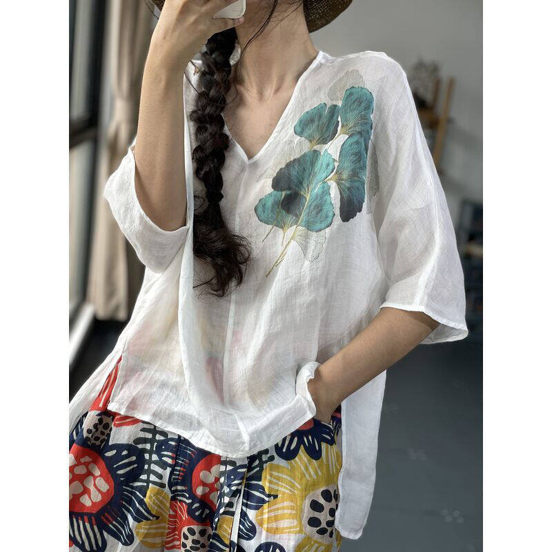 WhiteTime Summer's new retro literary print loose and flowing loose thin and thin high-end anti-ramie shirt women's top 301T0647