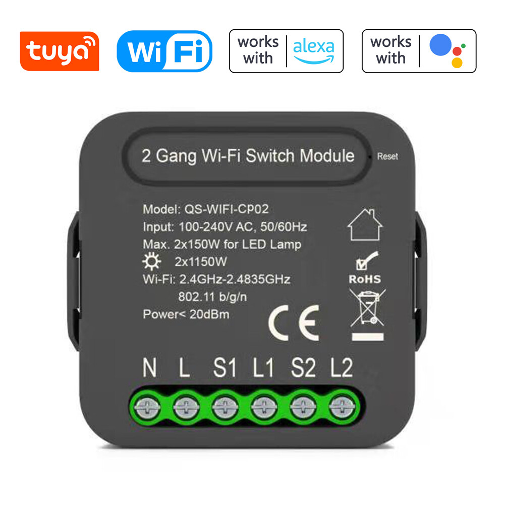 Kkmoon QS-WIFI-CP02 Tuya WiFi Intelligent Switch Module Intelligent Home Electrical Appliance Conversion Module 2 Gang Lighting Switch Module Mobilephone APP Remotes Control Compatible Alexa Goo-gle Home Voice Control