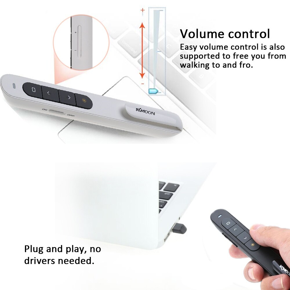 KKmoon 2.4GHz Nút Bấm PowerPoint Không Dây Điều Khiển Từ Xa Con Trỏ Bút Lật Máy Chiếu PPT Cầm Tay Unibody Phạm Vi Kiểm Soát 10M Hỗ Trợ Điều Khiển Âm Lượng Hyperlink, Có Đầu Thu USB
