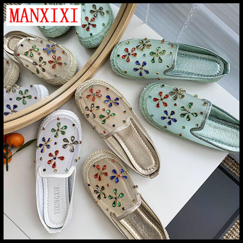 MANXIXI Brand Fashion Beautiful Mules Loafers Slippers INS Style Translucent Flowers Pearl Sandals For Women (Size 35-40)