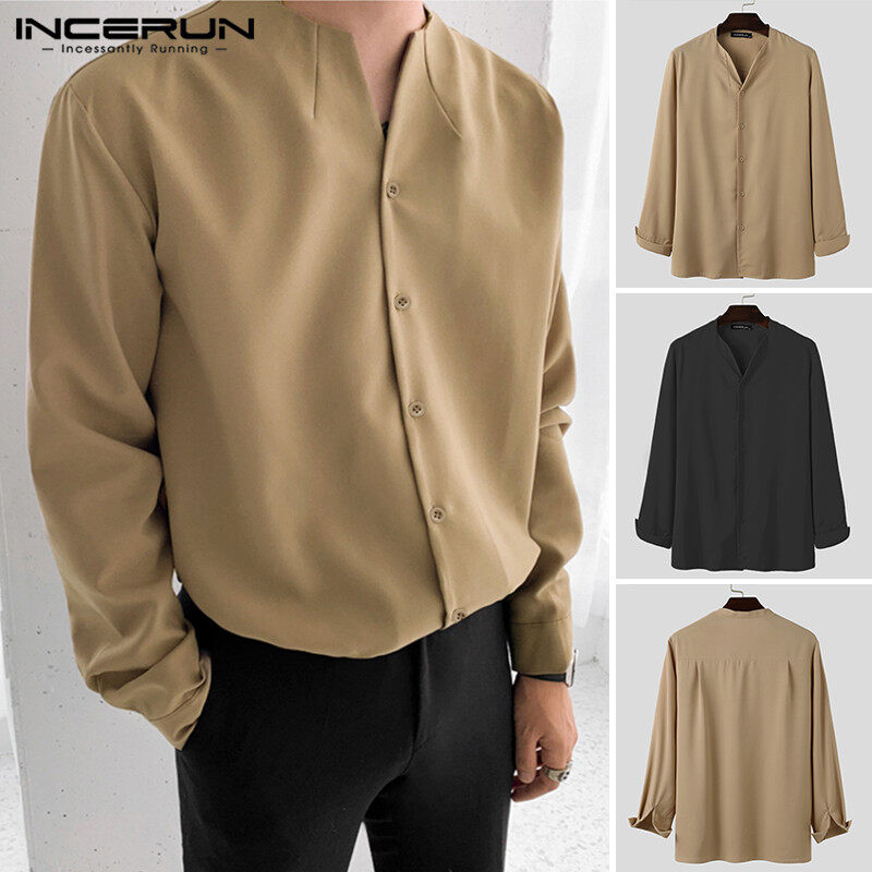 (Korea Style) Beehoo INCERUN Mens Long Sleeve Shirt Button Up Business Work Smart Formal Loose Dress Top Tee