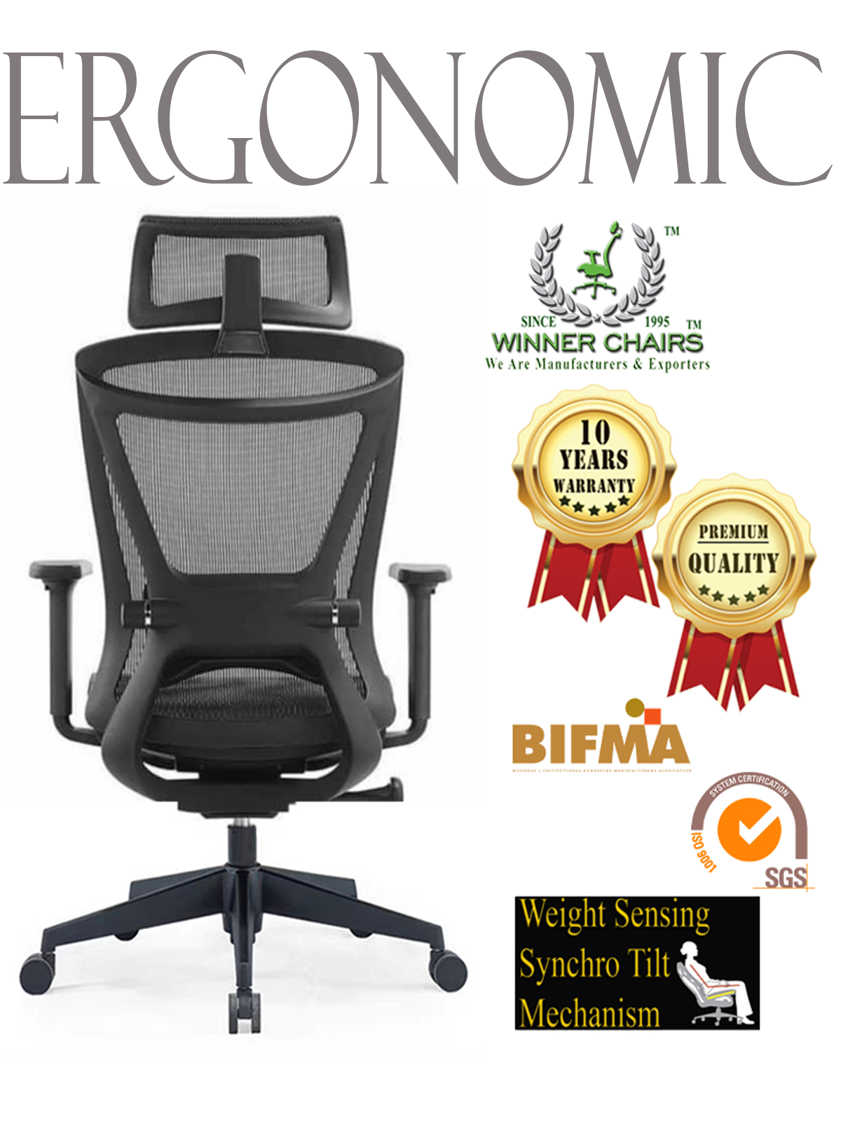 Office Chair 3283DBLK Ergonomic Highback Mesh Winner Chairs