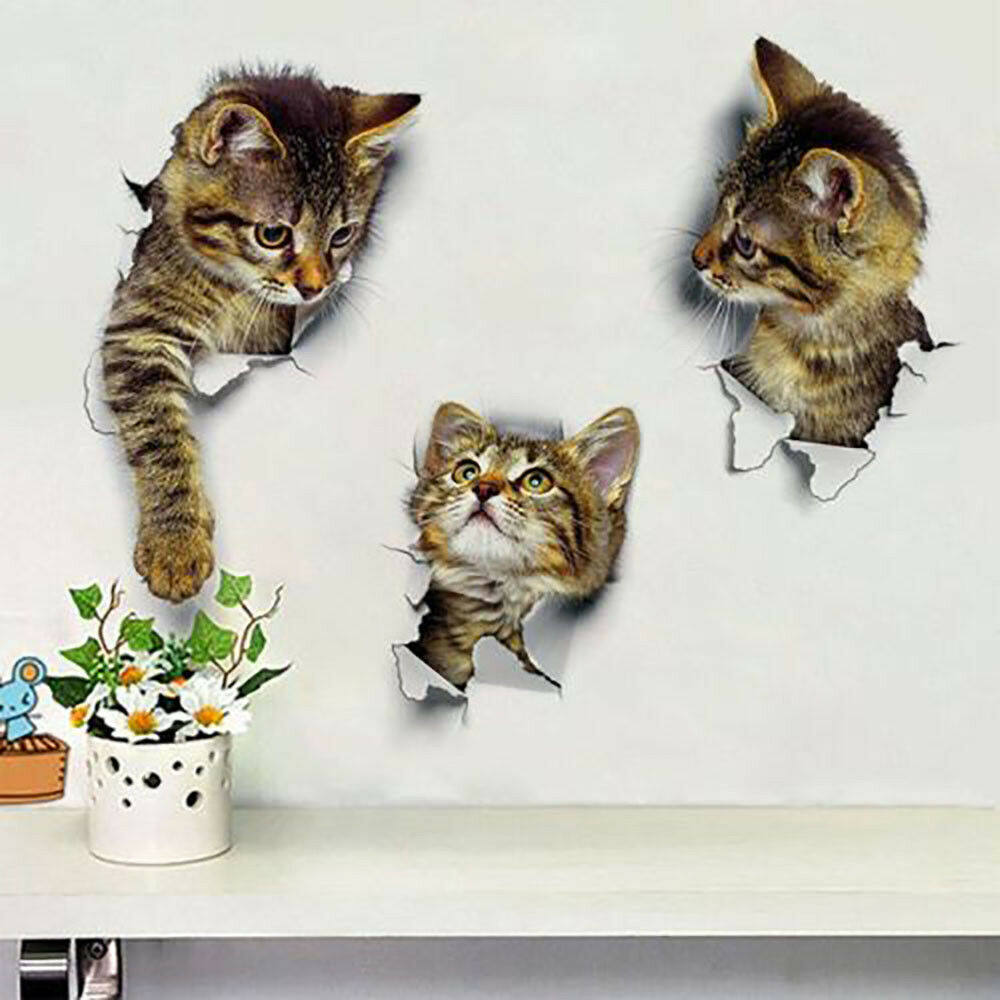 【TaroBall】3D Kitten Cat Lifelike Wall Stickers Bedroom Fridge Decal Background Wall Decoration Home Mural Art Decor Gift