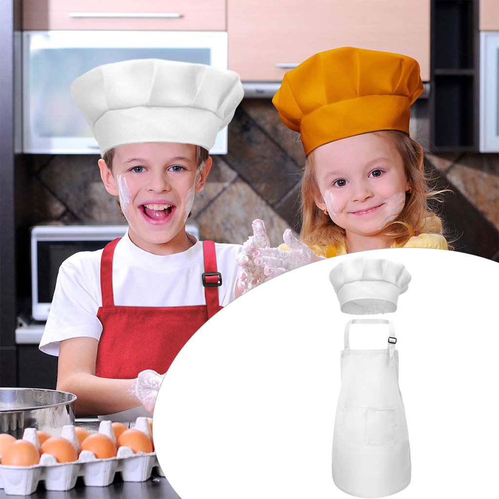 Blesiya Kids Apron Chef Hat Set Adjustable Bib Front Pocket for Crafting Baking