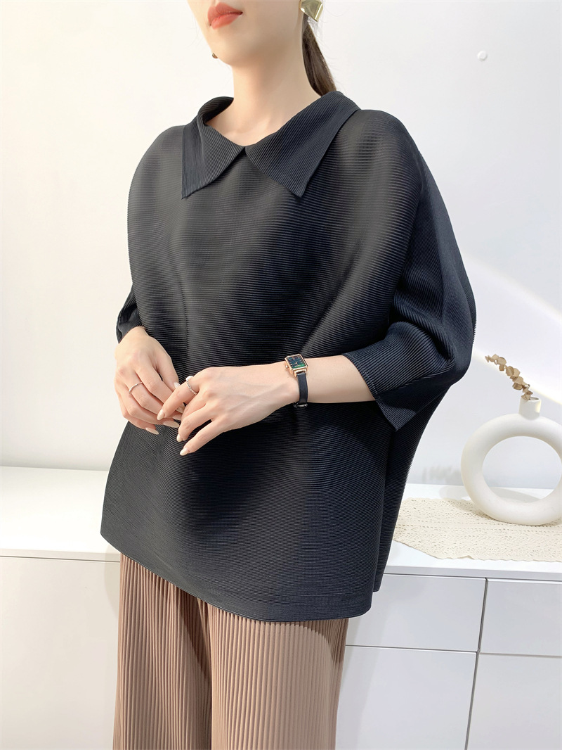 Women's Polo Collar T-shirt Pleated Clothes Loose Large Size Slimming #S23006