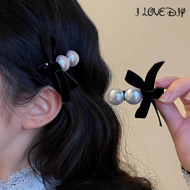 2Pcs Pearl Vintage Hair Clips for Women Girls Retro Velvet Bow Hairpin Headband for Hair Accessories Headwear Ornament