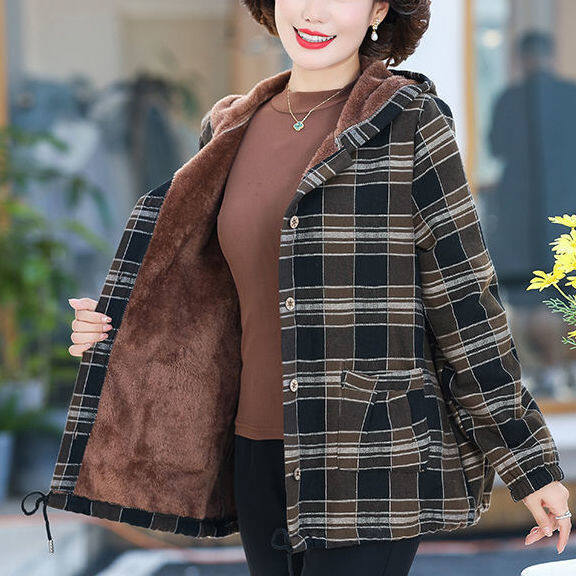 Plaid padded best sale loose hooded jacket