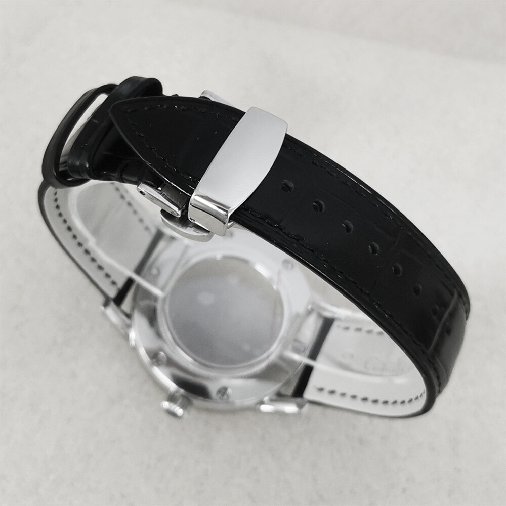 39MM Transparent Bottom Watch Case + Butterfly Double Clasp Leather Strap Watch Replacement Accessories