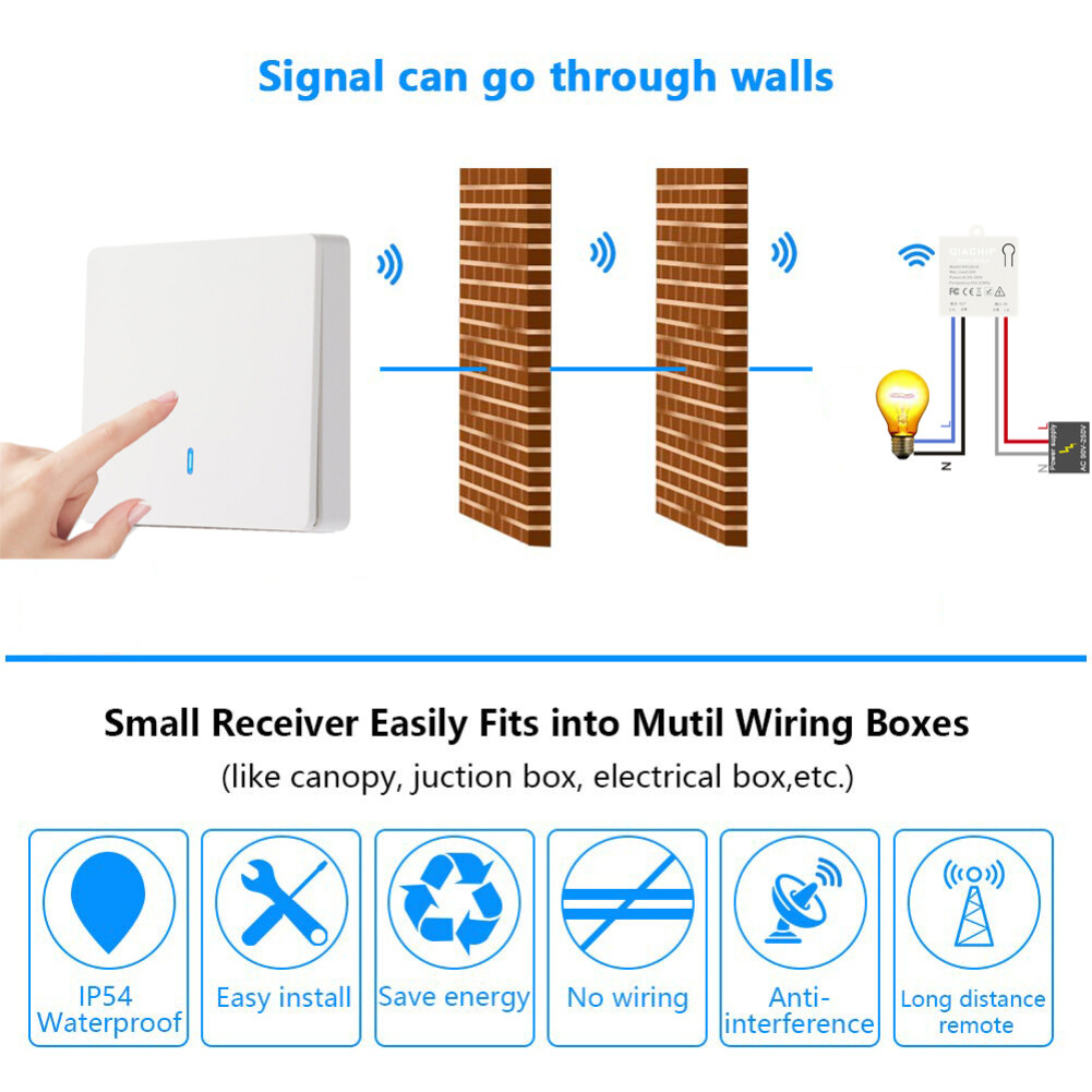 Elesky Công Tắc Không Dây Mini Bộ Điều Khiển Đèn RF 433MHZ Bộ Ngắt Điện Bảng Điều Khiển Từ Xa Nút Điều Khiển Từ Xa Gắn Tường Bật Tắt 220V Quạt Đèn Led