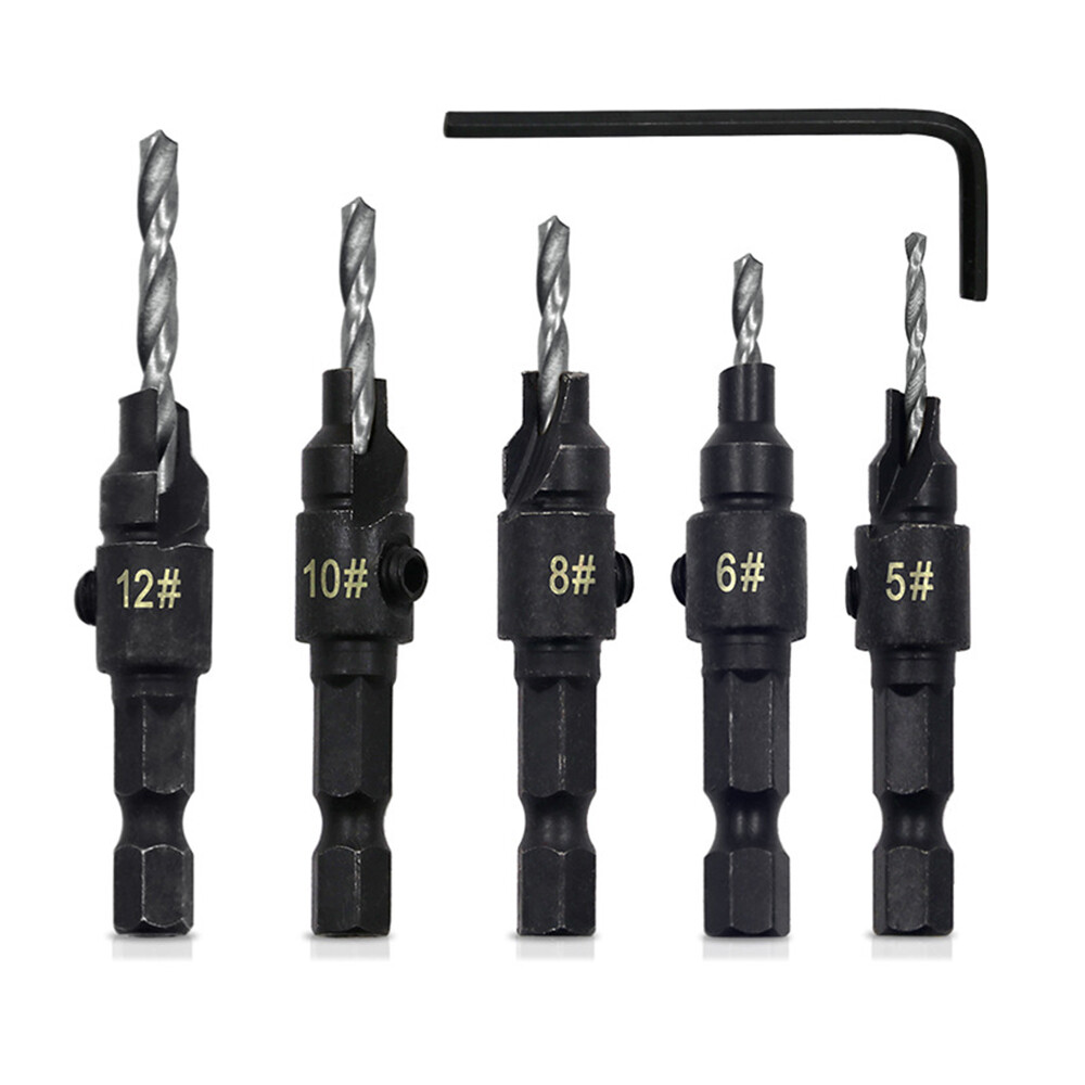 Aideepen 5pcs Countersink Drill Woodworking Drill Bit Set Drilling Pilot Holes for Screw Sizes /5 /6 /8 /10 /12 with Wrench Tools