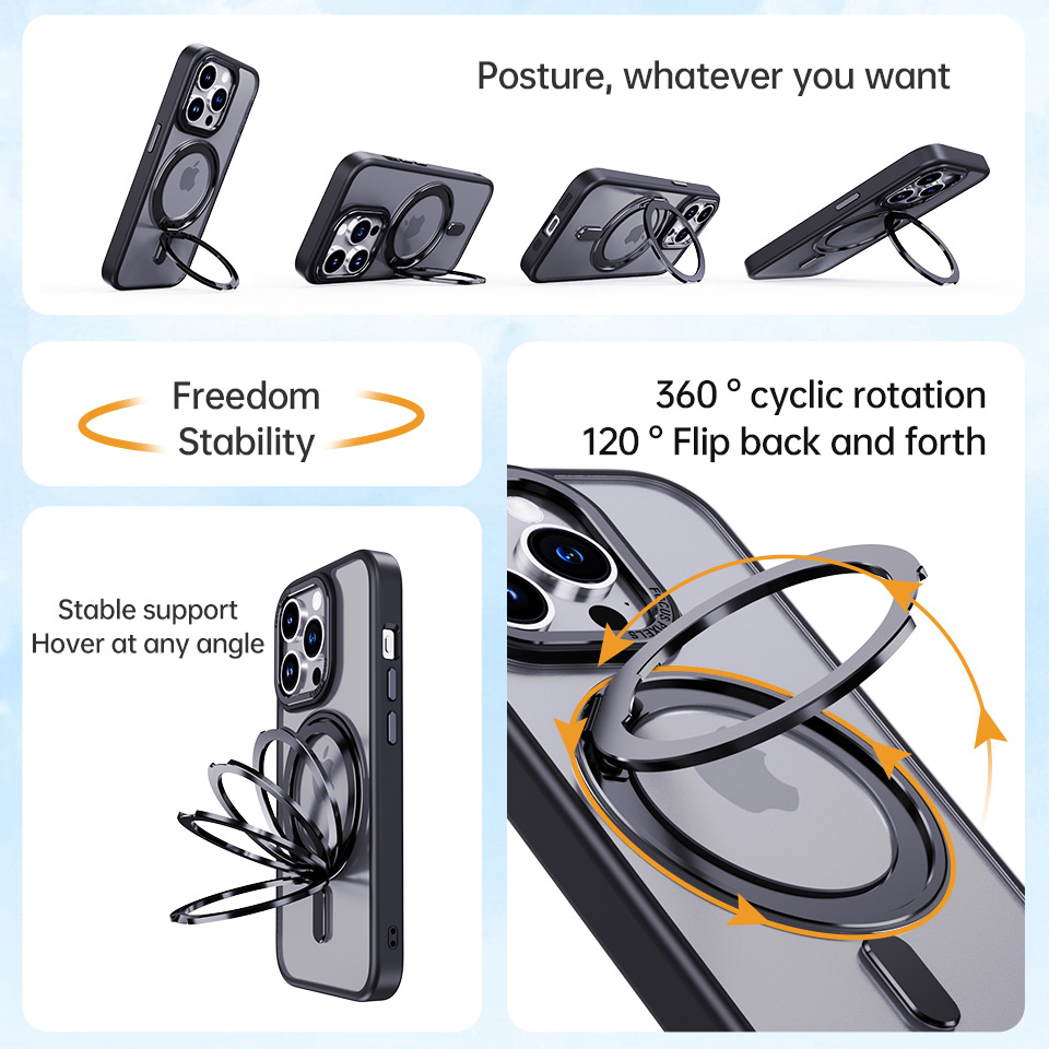 CrashStar 360° Rotatable MagSafe Ring Stand Matte Hard Shockproof Phone Case For iPhone 15 14 Pro Max Plus 13 12 11 Pro Max Wireless Charging Phone Casing Translucent Skin-friendly Phone Cover Shell