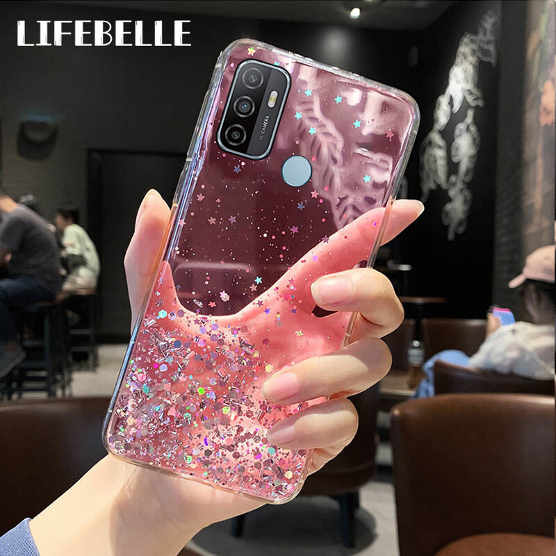 LIFEBELLE Casing for OPPO A53 2020 Case, Women Luxury Fashion Glitter Star Foil Sparkle Phone Cases Clear Flexible Soft Rubber TPU Bumper Bling Protective Casing Back Cover