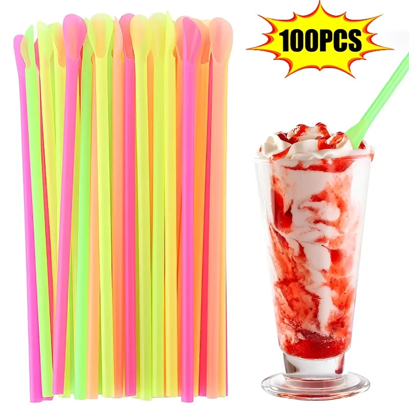 100pcs Plastic Drinking Straws Spoon Colorful Disposable Tea Tools Straw Eco Friendly Washable Bar Party Drink Accessories