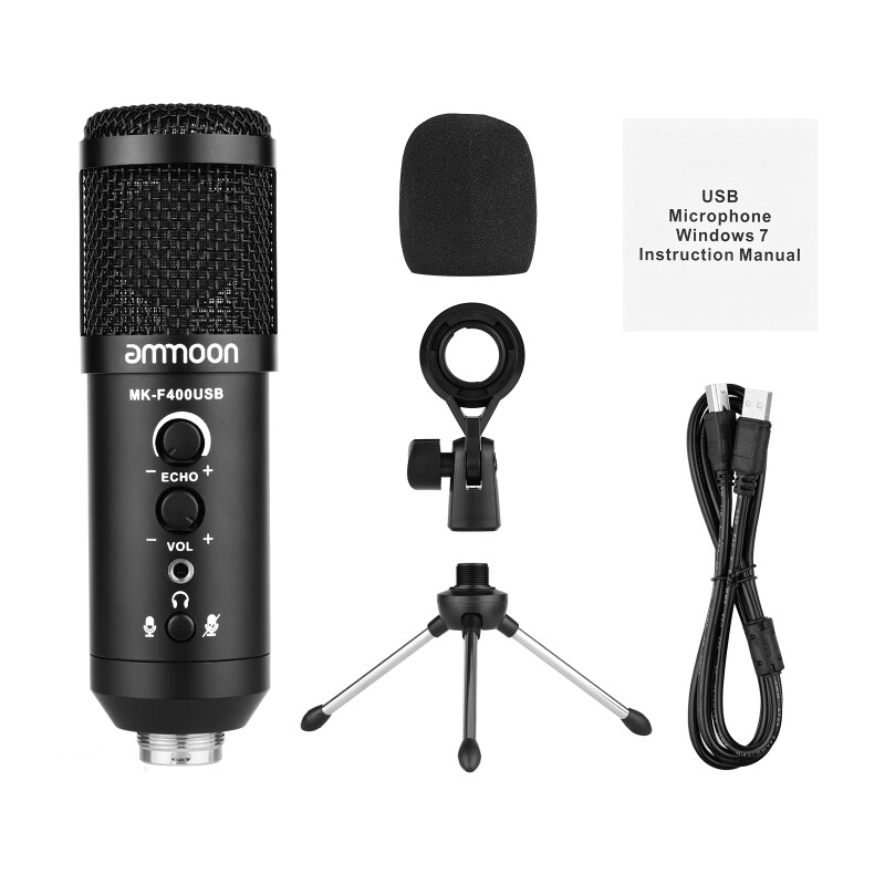 Bộ Ngưng Tụ USB Ammoon, Micro Bộ Mic Máy Tính Với Giá Đỡ Ba Chân Kim Loại Để Bàn Mini Kính Chắn Gió Cáp USB Để Ghi Âm Nhạc Trực Tiếp Phát Trực Tiếp Trò Chơi Giảng Dạy Cuộc Họp Hát Trực Tuyến
