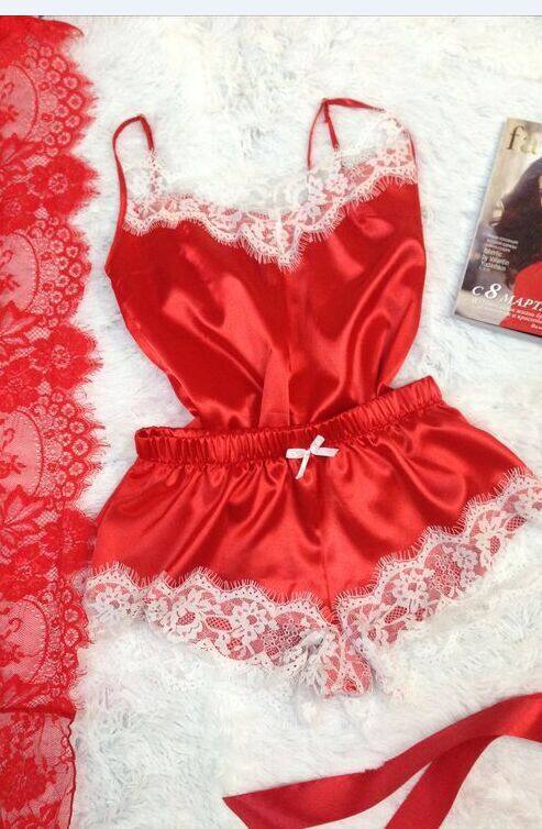 TTBE Ready Stock Women's Pajama Cami Set Silky Lace Nightwear 2 Piece Set Lingerie Short Sleepwear Sexy Alluring Lace Lingerie 内衣 睡衣 连衣裙