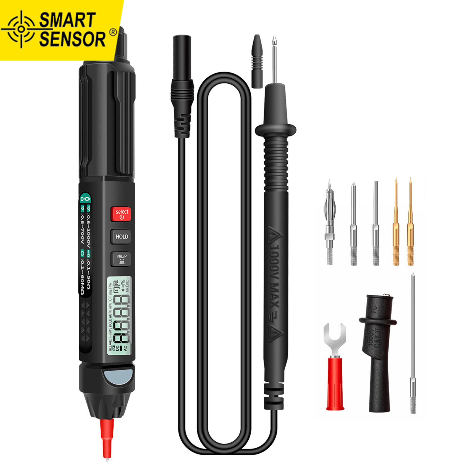 Smart Sensor A3008/A3007 Pen Multimeter 6000 Counts Digital Multimeter Meter Tester with LCD Display Backlight Flashlight NCV Auto-off Multiple Accessories for Voltage Current Resistance Capacitance Diode Continuity Test